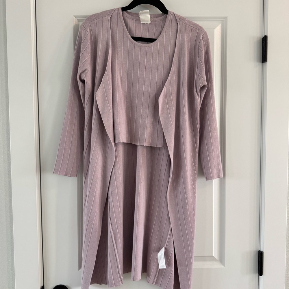 Silk & Salt 3 Piece Set - Lavender Ribbed Knit Cardigan and Pants Set